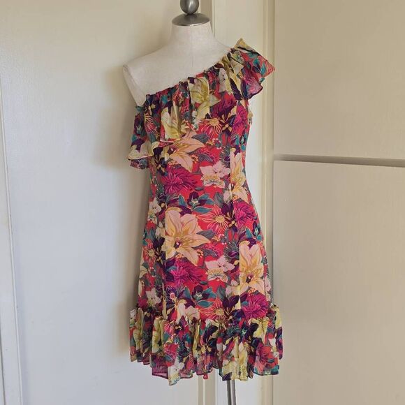 Karen Millen Coral Floral One Shoulder Silk Dress w/ Tube Pleats, NWOT, Sz. 6 - Picture 1 of 11